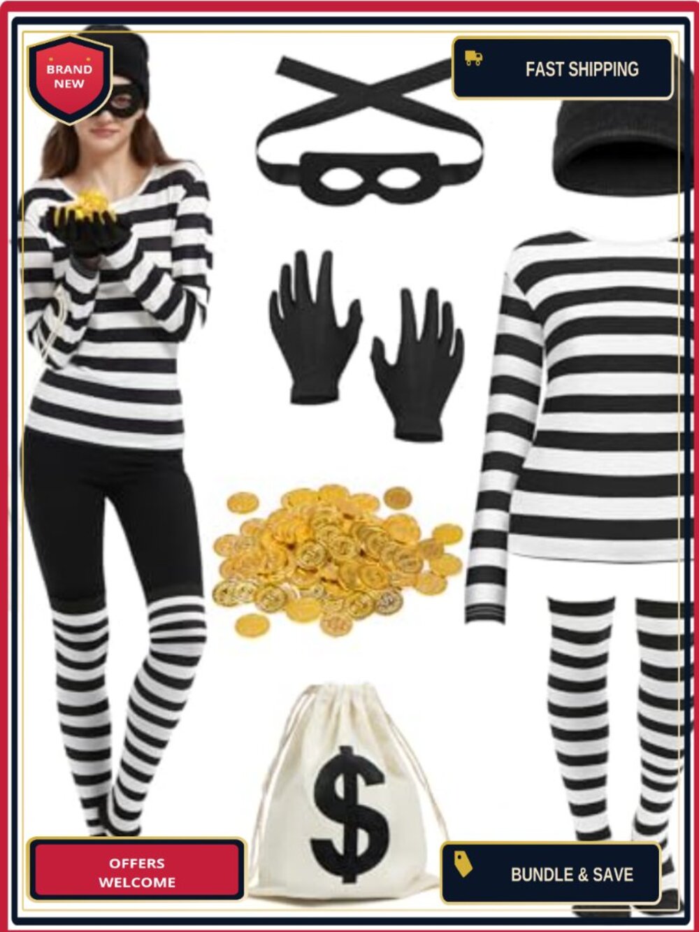 7-Piece Women's Robber Costume Set with Striped Top & Accessories